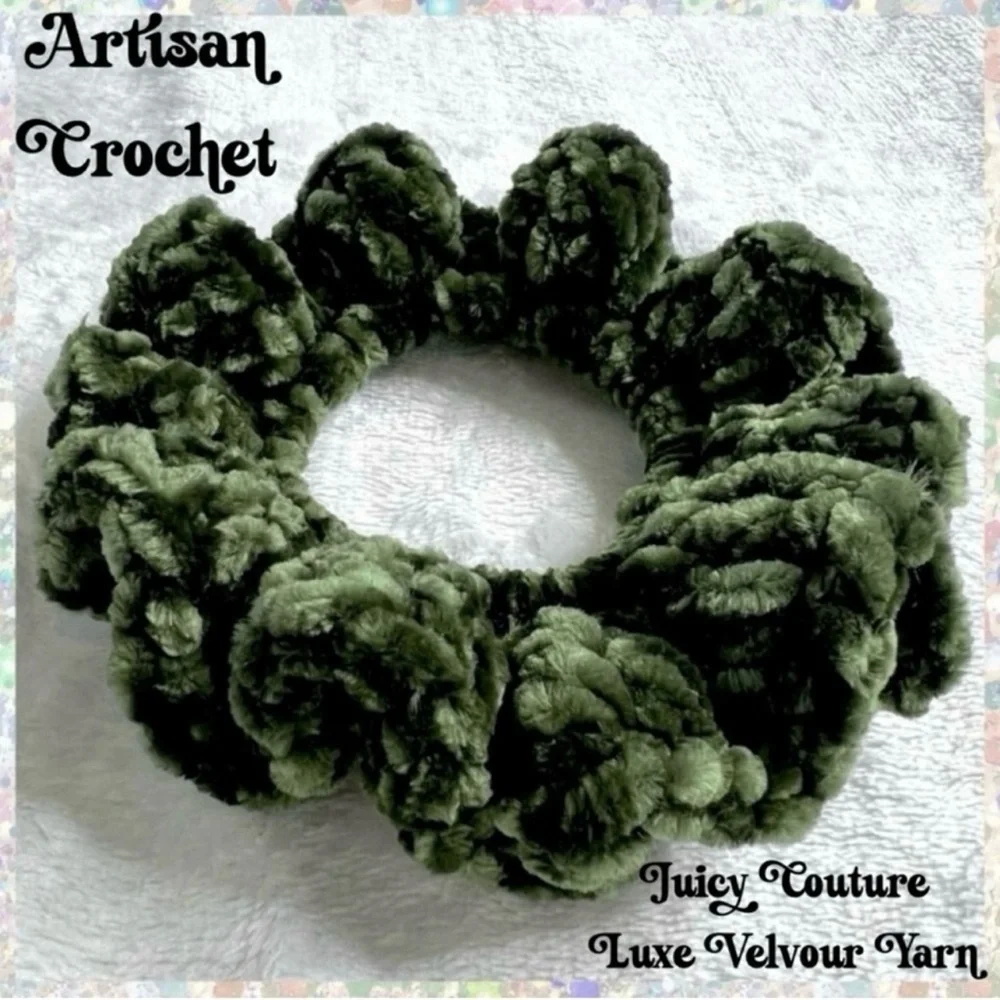 Handmade Crochet VELVET Hunter Green Large Hair Scrunchie PinkRainCloud